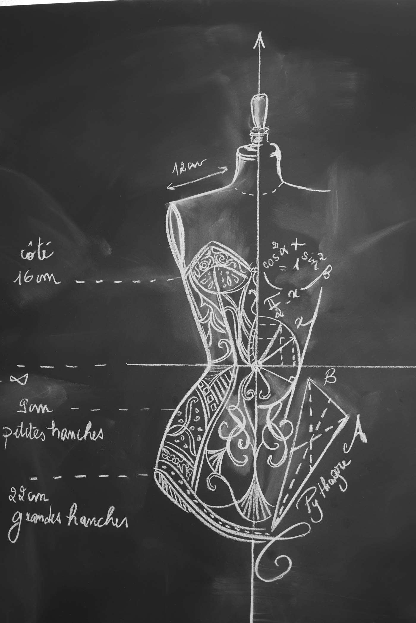A couture corset drafted in chalk with Pythagoras and trigonometry — where structure meets beauty